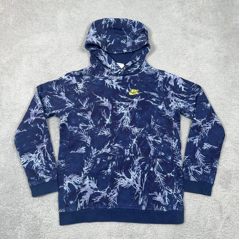 Nike Youth XL Navy Blue Graphic Print Pullover Hoodie Yellow Logo French‎ Terry